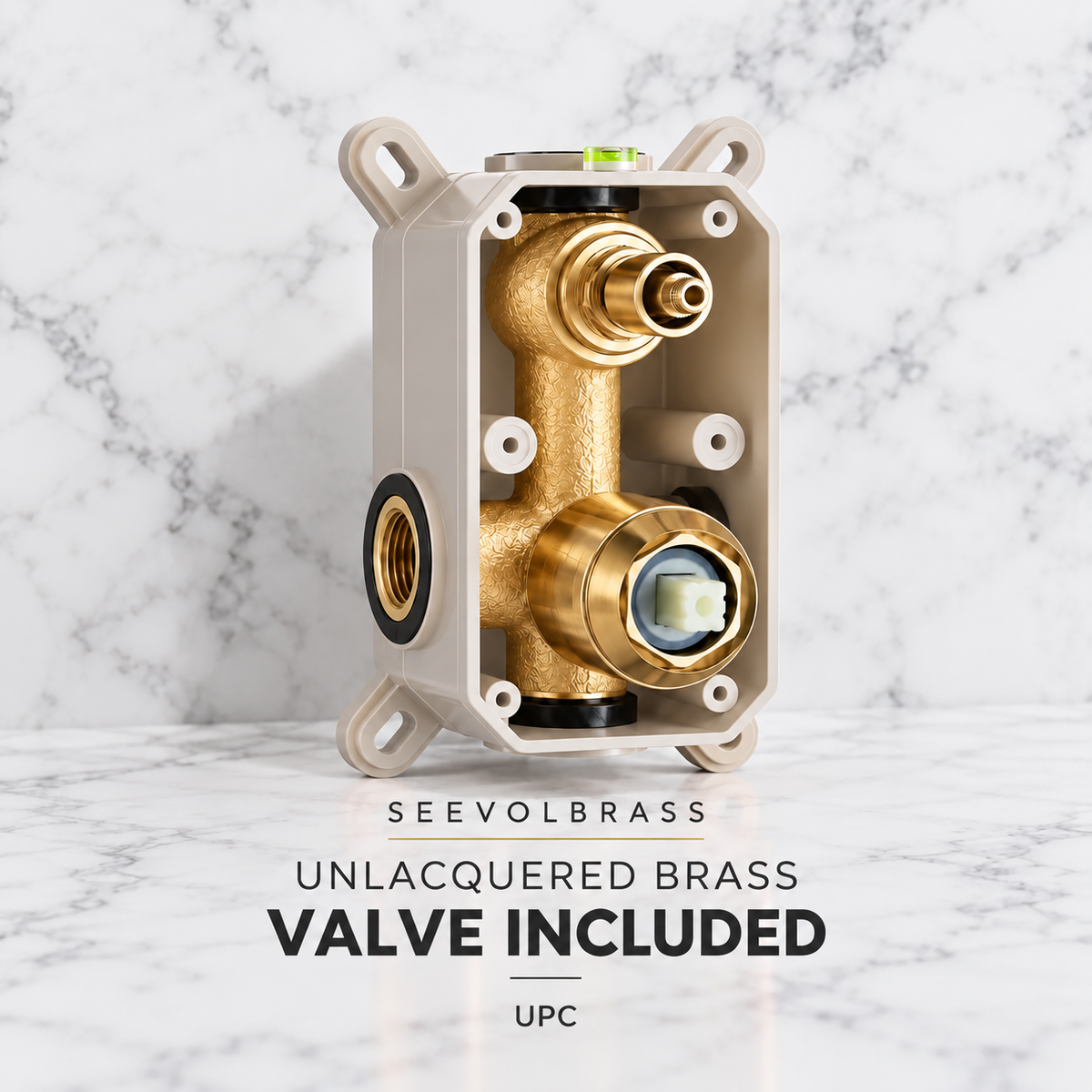 A brass plumbing valve component inside a beige metal enclosure, shown on a white marble surface with a white marble background. Text at the bottom reads 'SEEVOLBRASS UNLACQUERED BRASS VALVE INCLUDED UPC'.