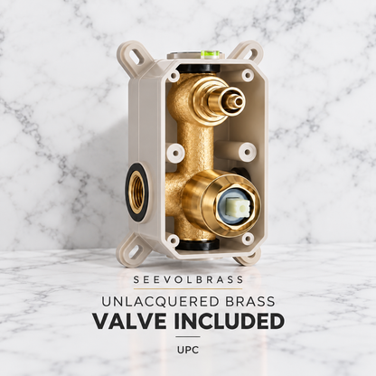 A brass plumbing valve component inside a beige metal enclosure, shown on a white marble surface with a white marble background. Text at the bottom reads 'SEEVOLBRASS UNLACQUERED BRASS VALVE INCLUDED UPC'.