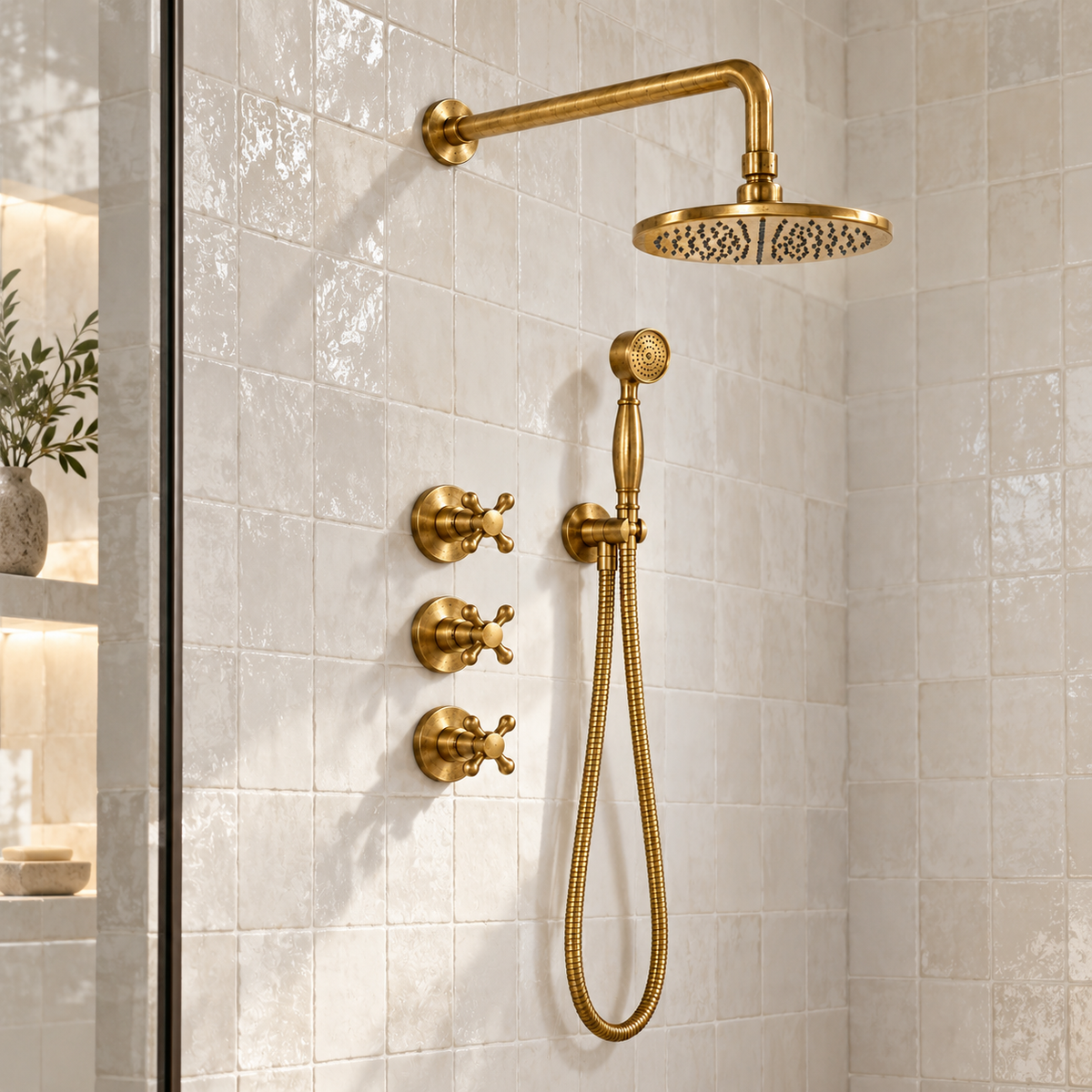 Angled view of Eden unlacquered brass shower system mounted on cream tile beside a glass shower screen