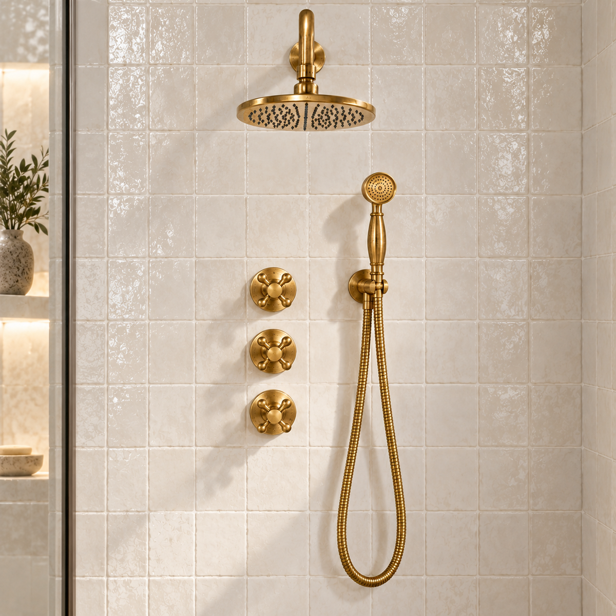 Front view of Eden wall-mounted shower system with round rainfall head, three cross handles and handheld shower on cream tile