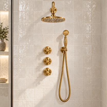 Front view of Eden wall-mounted shower system with round rainfall head, three cross handles and handheld shower on cream tile