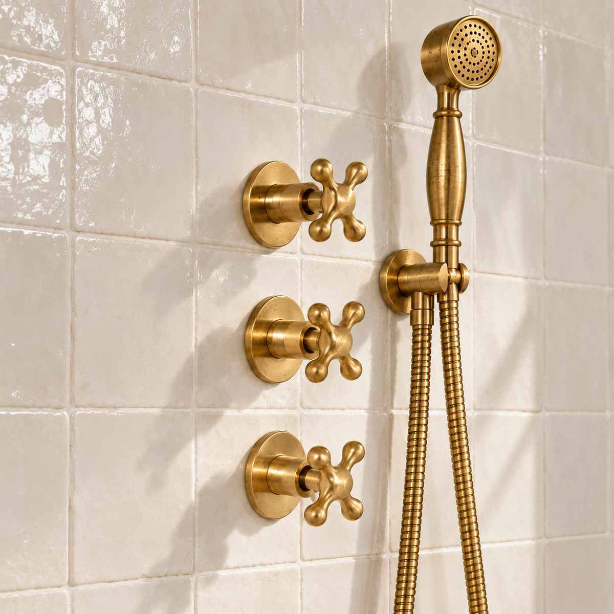 Close-up of Eden unlacquered brass handheld shower, flexible hose and three wall-mounted cross handles