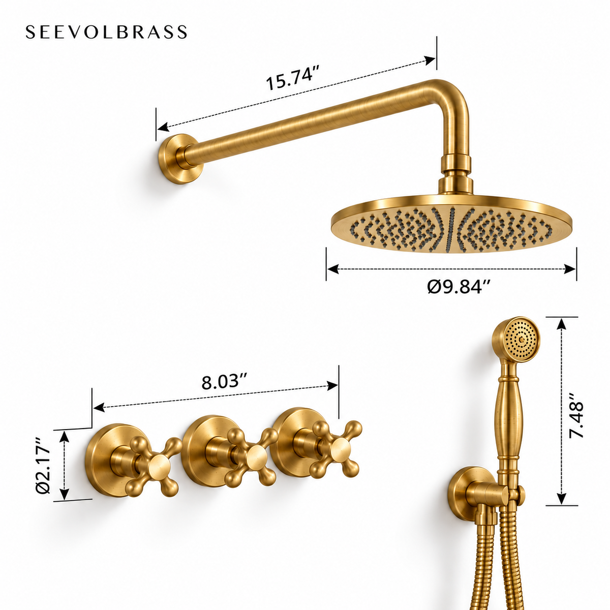 Eden dimension diagram: 15.74-inch arm, 9.84-inch head diameter, 8.03-inch valve span, 2.17-inch trim and 7.48-inch hand shower
