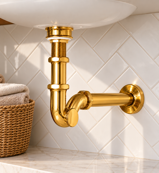 A polished brass bathroom sink drain assembly mounted on a white tiled wall, with a white sink basin visible above and a woven basket with folded towels on the counter below.