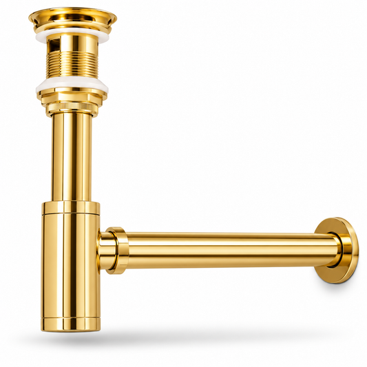 A polished gold wall-mounted sink drain assembly with a vertical pop-up drain and a horizontal wall pipe, shown against a plain white background.