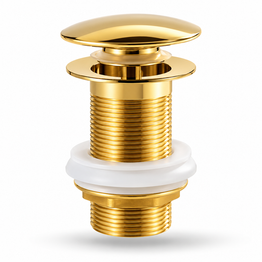 A polished gold metal bathroom sink drain assembly with a white plastic gasket ring, shown on a clean white background.