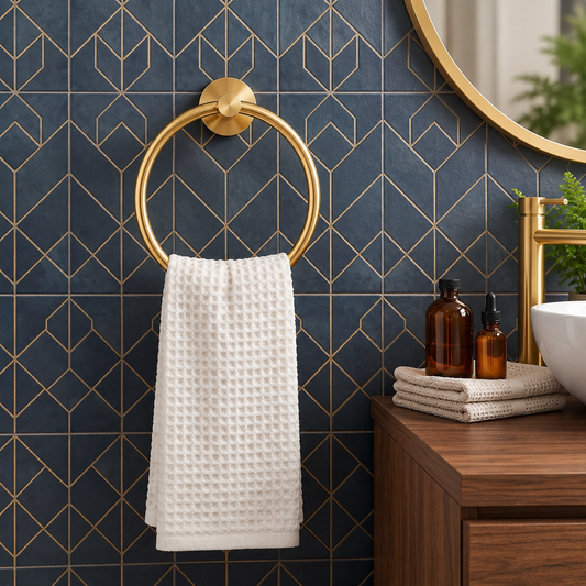 Wall-mounted unlacquered brass towel ring holding a white waffle towel against blue geometric bathroom tiles