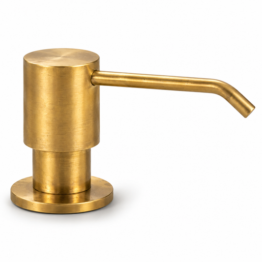 A modern cylindrical soap dispenser pump head in brushed brass with a curved spout, shown on a clean white background.