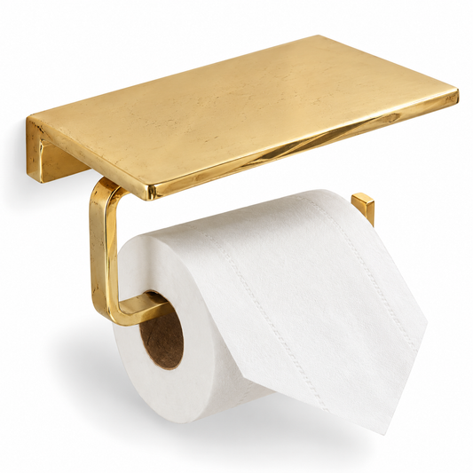 A modern wall-mounted toilet paper holder with a rectangular shelf and a gold-finished metal bracket holding a white toilet paper roll, shown on a clean white background.