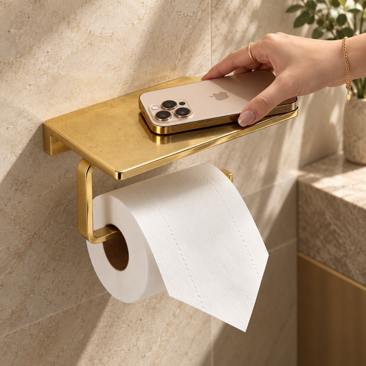 Unlacquered brass toilet paper holder with shelf installed on bathroom wall with iphone 18 storage 