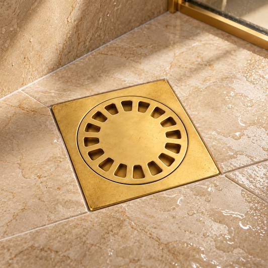 A square brass floor drain with a circular vented cover, installed in beige stone tile flooring.