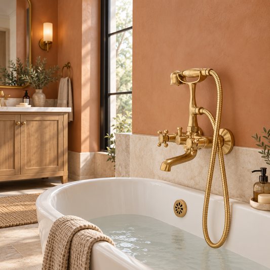 Wall-mounted unlacquered brass telephone tub filler with handheld shower above a bathtub in a warm-toned bathroom