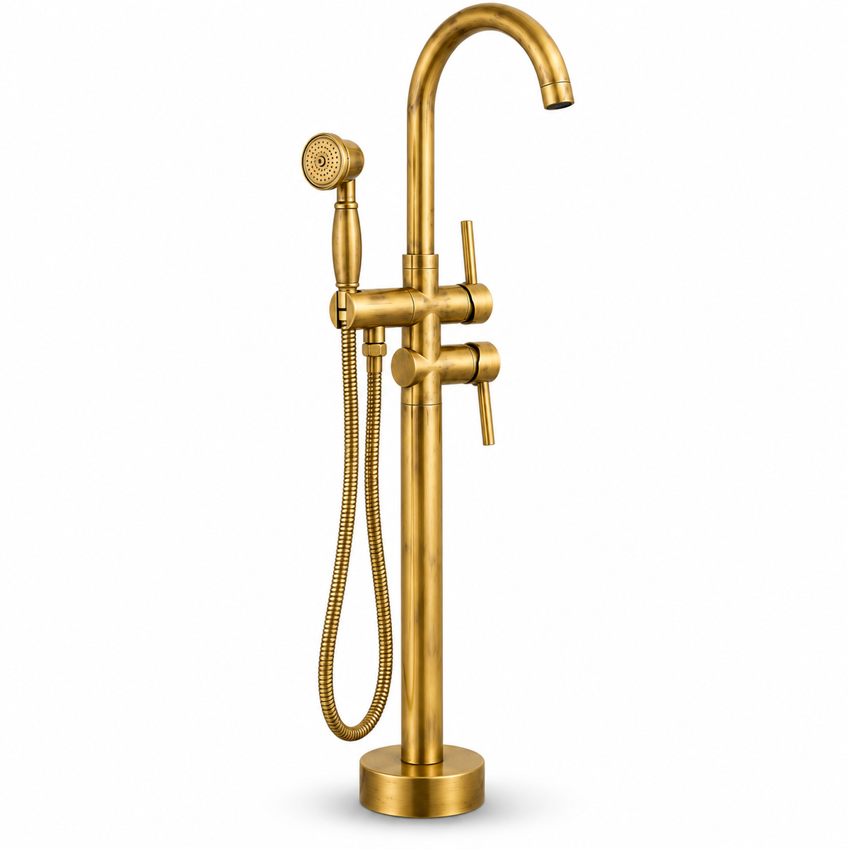 Sterling unlacquered brass freestanding tub filler with high-arc spout and hand shower, angled view on white