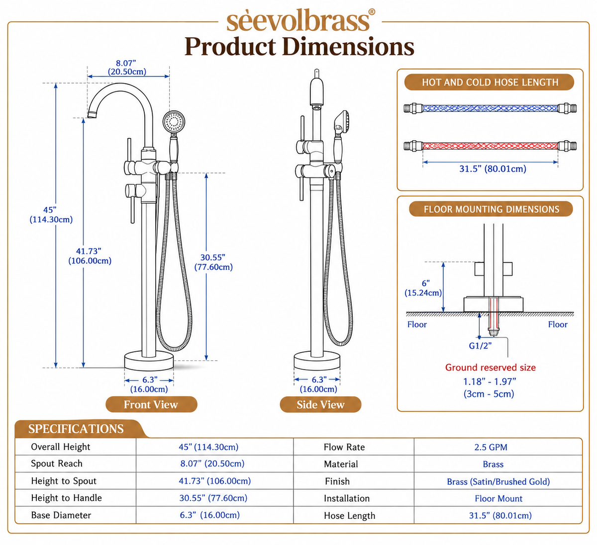 Sterling tub filler dimension diagram showing 45-inch height, 8.07-inch spout reach, supply hoses and floor-mount details