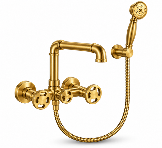 Gold-finished wall-mounted bathtub faucet set with a handheld shower head, flexible hose, and two cross-shaped handles, shown on a plain white background.
