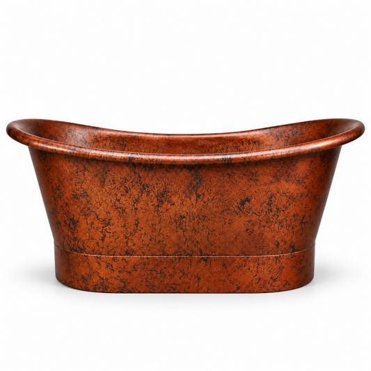 Antique Copper Freestanding Bathtub with mottled patina and rolled rim, side view on a white background