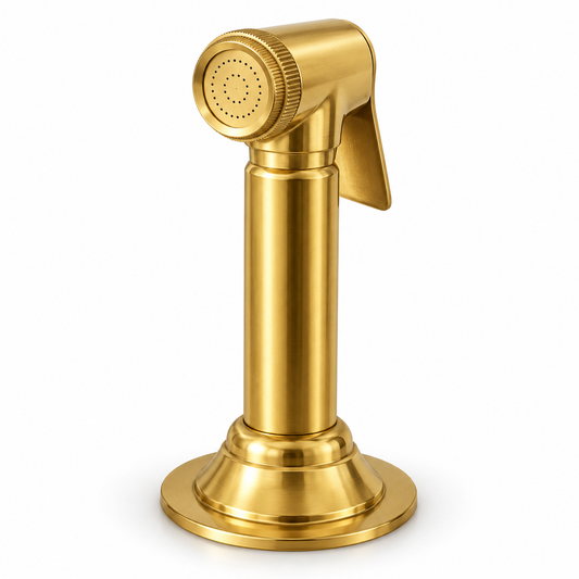 Unlacquered brass kitchen faucet side sprayer with trigger handle and round deck mount, angled view on white