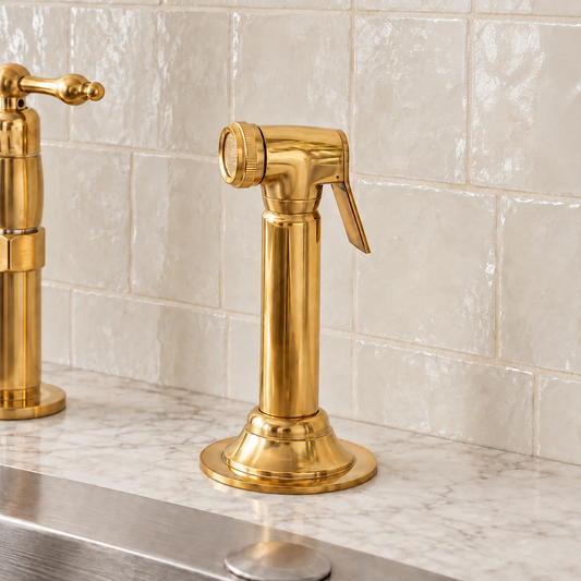 Unlacquered brass side sprayer mounted beside a kitchen faucet on a stone countertop with a white tile backsplash