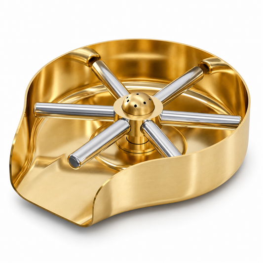 Unlacquered brass kitchen sink glass rinser with six silver-tone support arms and a drain tray, angled view on white
