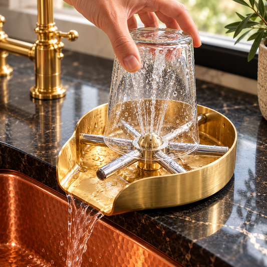 Hand pressing an inverted glass onto an unlacquered brass rinser, with water jets spraying and draining into the sink