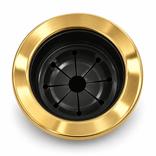 Unlacquered brass garbage disposal sink flange shown from above with a black slotted insert on a white background