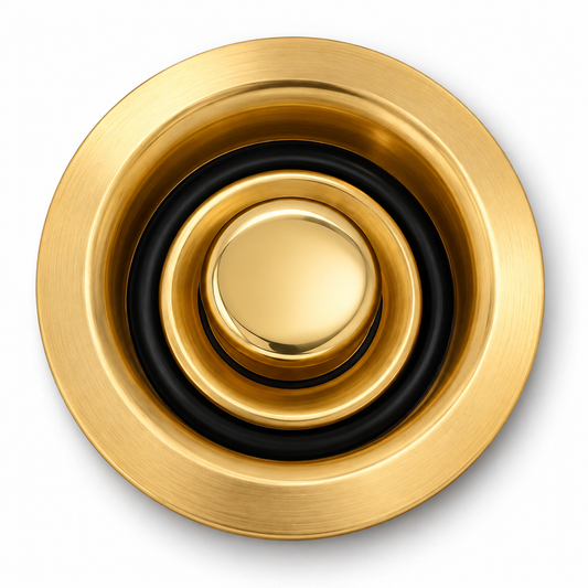 Top view of the unlacquered brass garbage disposal flange with matching stopper seated inside, on a white background
