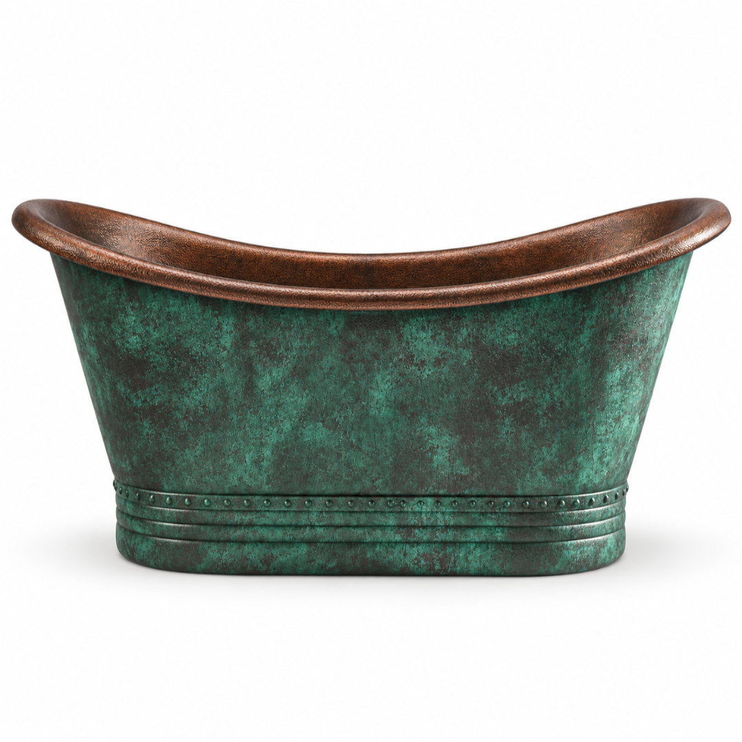 The Patina Bath solid brass freestanding bathtub with green aged patina and a rolled rim on a white background