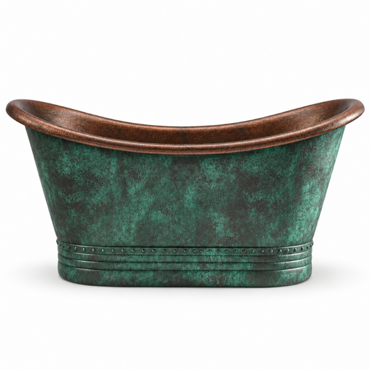 The Patina Bath solid brass freestanding bathtub with green aged patina and a rolled rim on a white background