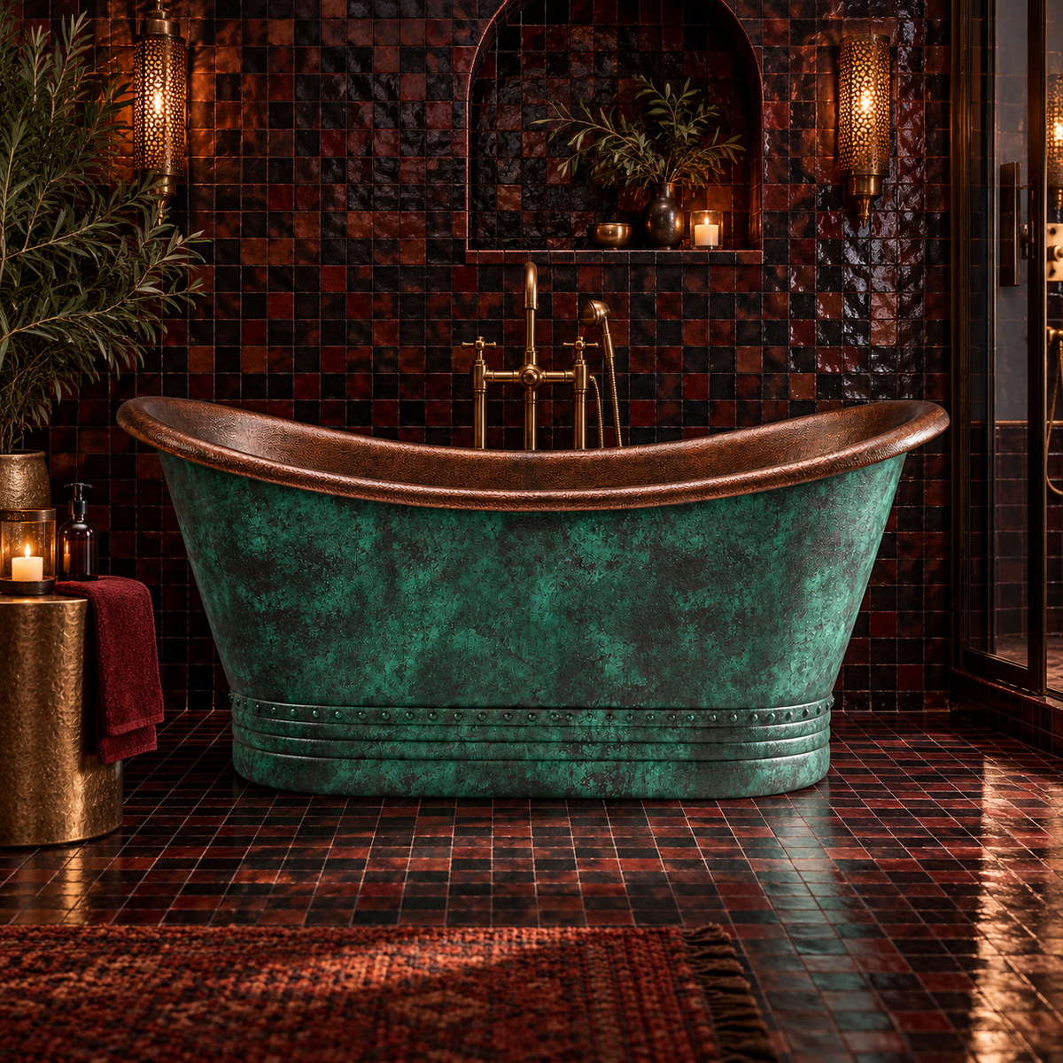 The Patina Bath freestanding brass bathtub with green patina in a tiled bathroom with lanterns and candles