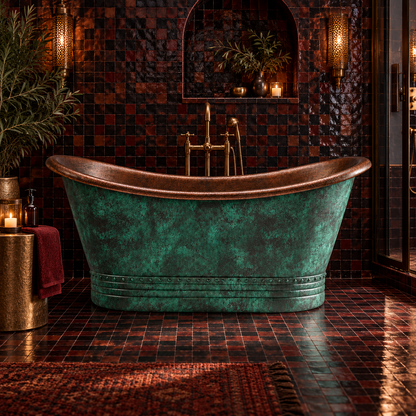 The Patina Bath freestanding brass bathtub with green patina in a tiled bathroom with lanterns and candles