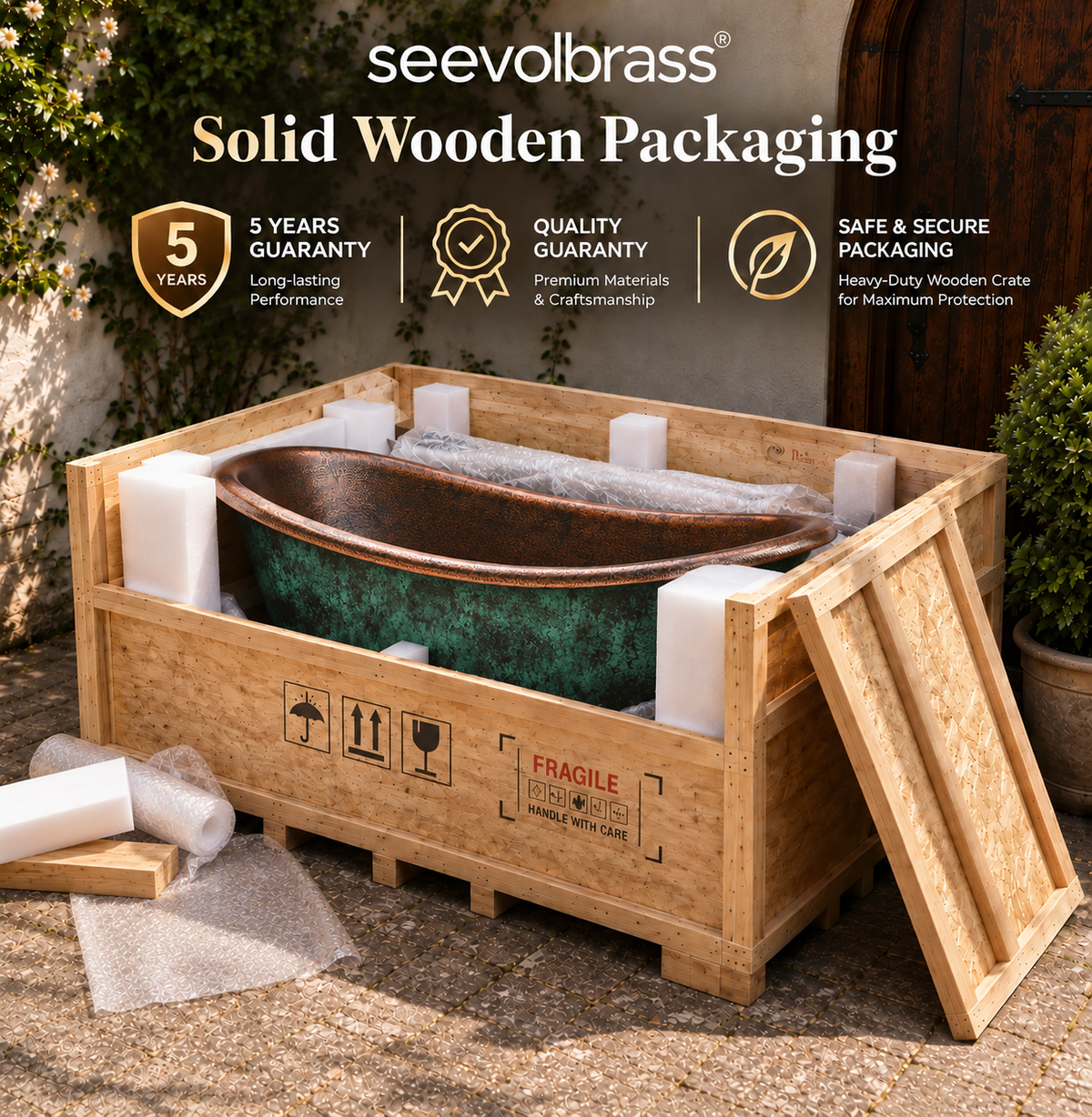 The Patina Bath bathtub cushioned in a wooden shipping crate, with packaging and five-year guarantee information