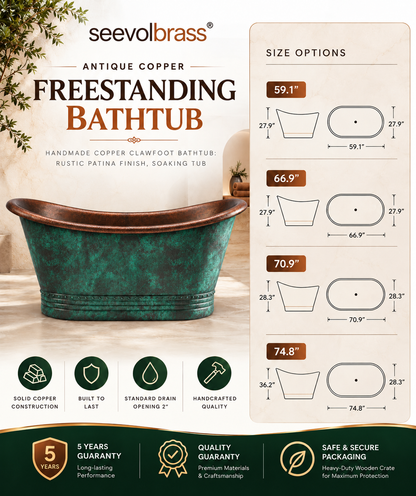 The Patina Bath size guide showing four lengths: 59.1, 66.9, 70.9 and 74.8 inches, with width and height diagrams