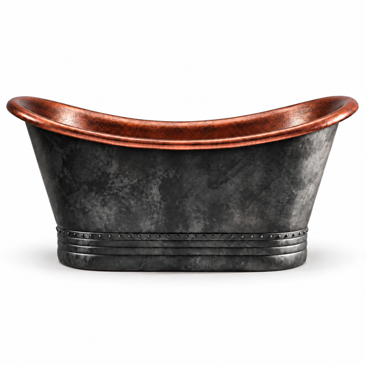 Handcrafted blackened copper freestanding bathtub with a natural copper rolled rim and riveted base on white