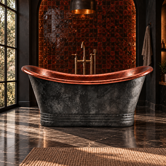 Blackened copper freestanding bathtub in a bathroom with red wall tiles, dark marble flooring and a tall window