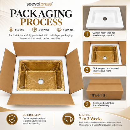 Seevolbrass hammered brass sink packaging process with protective foam, reinforced box, and secure delivery steps