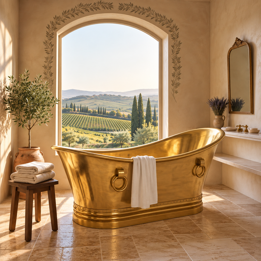 A luxurious freestanding gold bathtub with ring handles and a draped white towel, set in a warm beige bathroom with a large arched window overlooking a vineyard landscape.