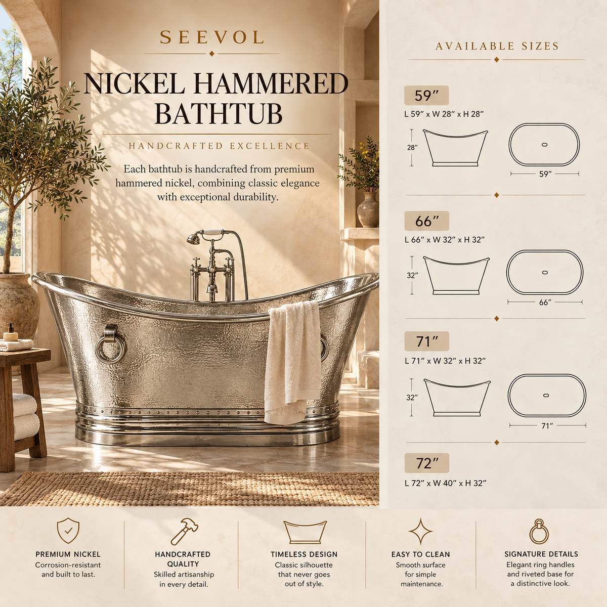 Promotional infographic for a Seevol nickel hammered bathtub, showing a large freestanding silver-toned tub on a white background, available sizes with dimension diagrams, and feature icons for premium nickel, handcrafted quality, timeless design, and easy cleaning.