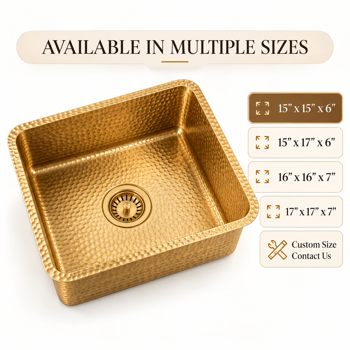 A hammered gold single-basin kitchen sink shown on a clean white background, with text reading 'AVAILABLE IN MULTIPLE SIZES' and size options listed on the right.