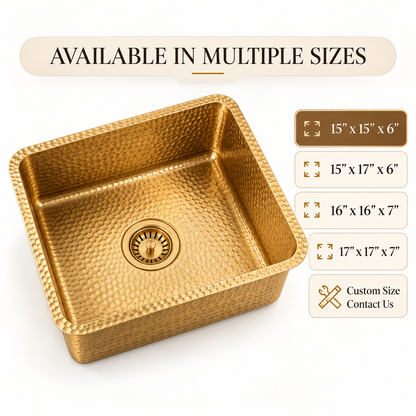 A hammered gold single-basin kitchen sink shown on a clean white background, with text reading 'AVAILABLE IN MULTIPLE SIZES' and size options listed on the right.