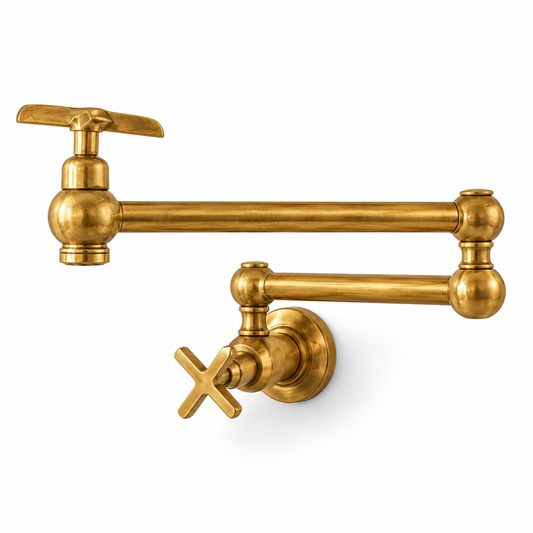 Classic unlacquered brass wall-mount pot filler with extended double swing arm and two shut-off handles