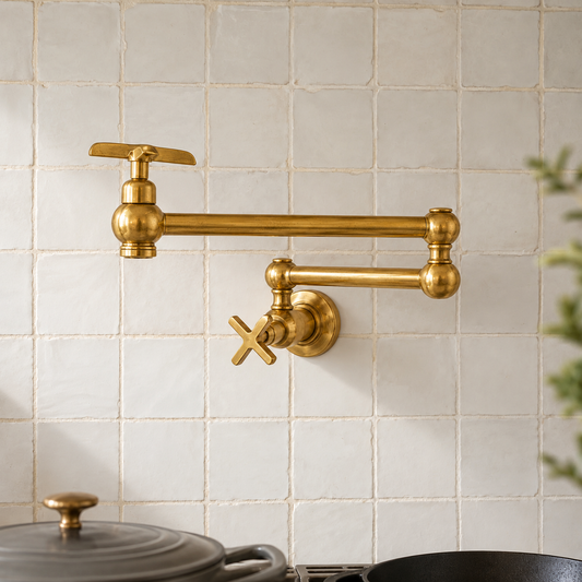 Brass pot filler mounted on a white tiled wall above a cooktop, with its double swing arm extended
