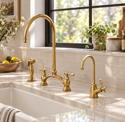 Brass bridge kitchen faucet with side sprayer and separate small tap beside a white sink