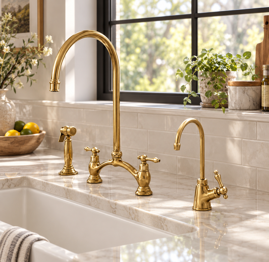 Brass bridge kitchen faucet with side sprayer and separate small tap beside a white sink
