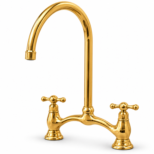 Victorian unlacquered brass bridge kitchen faucet with high-arc spout and two cross handles