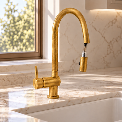 Brewster brass pull-down faucet installed beside a white sink and sunlit kitchen window