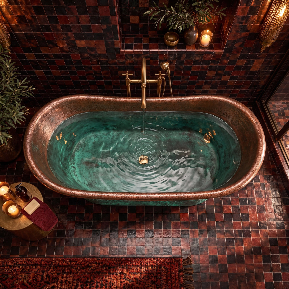 Overhead view of The Patina Bath filling with water in a candlelit bathroom with red and black tiles