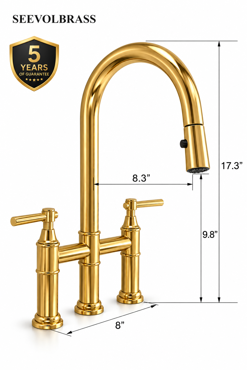 Bridge faucet dimension diagram: 17.3-inch overall height, 9.8-inch outlet height, 8.3-inch reach and 8-inch base spacing