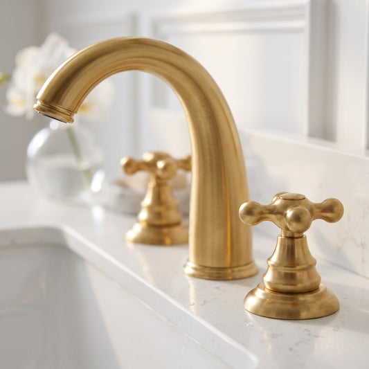 Angled close-up of the unlacquered brass bathroom faucet with cross handles on a white countertop