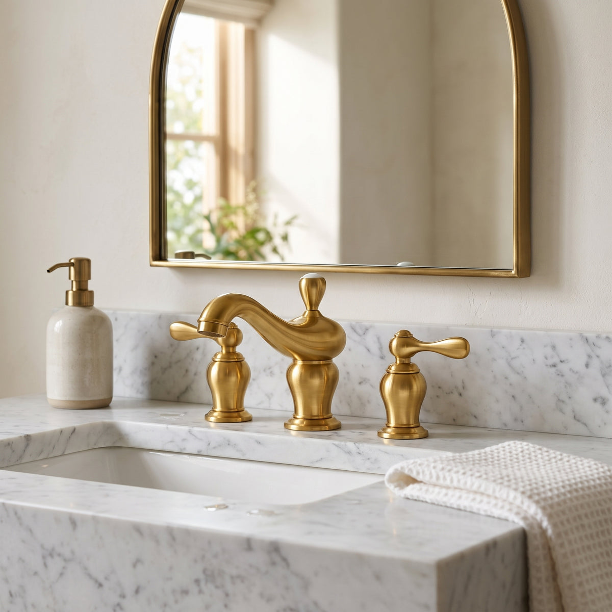Unlacquered brass widespread bathroom faucet on a white veined vanity beneath an arched brass-framed mirror