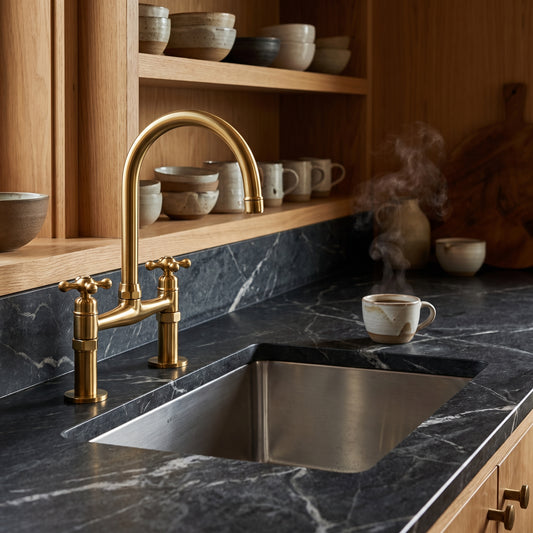Unlacquered brass bridge kitchen faucet beside an undermount sink, with a dark veined countertop and wood shelving